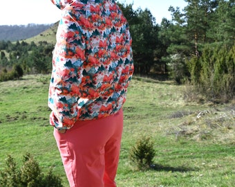 HOODIE BLOUSE for women, pull over, ROCKY.B - Red flowers and mountains - casual, everyday wear, outdoor