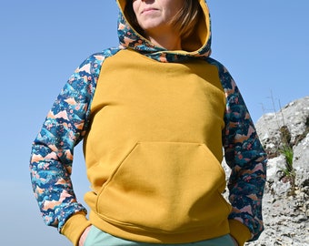 Cotton hoodie for women, pull over, sweater, ROCKY.H - YELLOW/PETROL Mountains - Unisex  - Climbing, hiking, outdoor