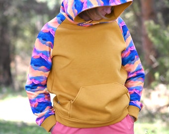 Cotton hoodie for women, pull over, sweater, ROCKY.H - YELLOW/BLUE Mountains - Unisex  - Climbing, hiking, outdoor