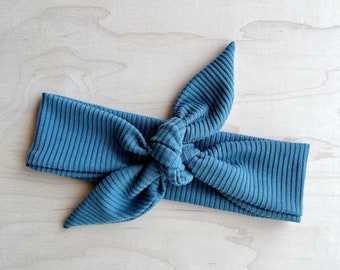 Personalized Summer Blue Ribbed Tie Headband, Soft Stretchy Handmade Headband