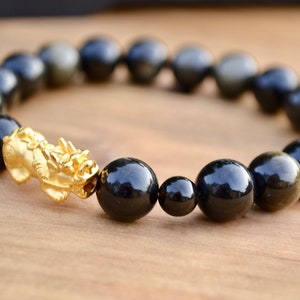 24 karat pure gold\Pixiu Solid 24karat gold/Black Obsidian/ Dragon Bracelet/ Lucky bracelet/feng shui/pixiu bracelet