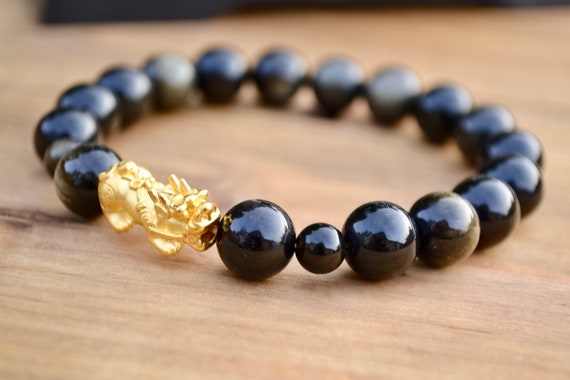 Feng Shui Black Obsidian Alloy Wealth Bracelet with Gold Pixiu Charms  10mm/12mm | eBay