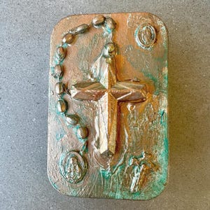 Altered Rosary Holder Box Catholic Virgin Mary Blessed Mother Travel Purse Mini Metal Shrine