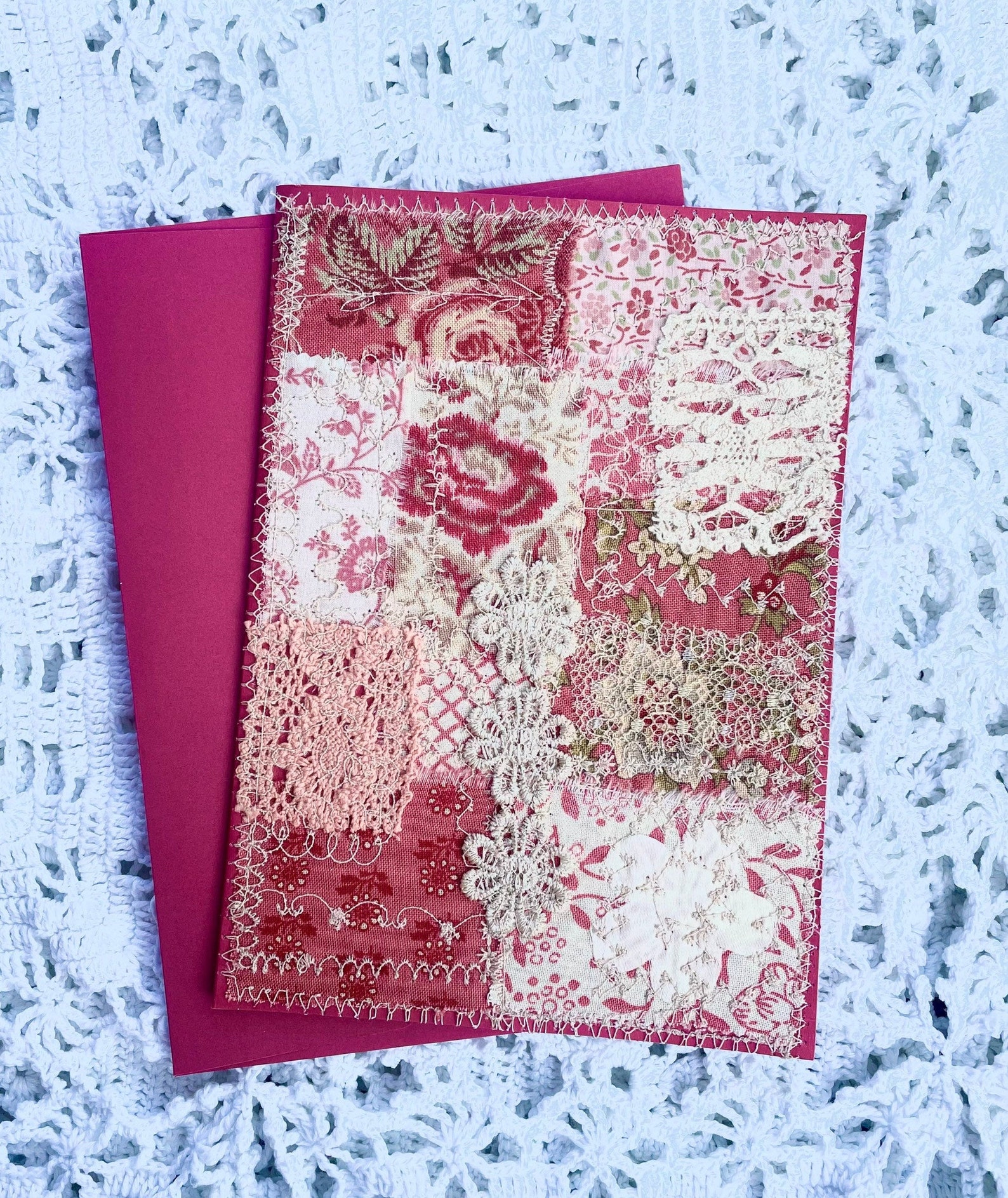 Greeting Card Crazy Quilt with Fabric Lace and Trim Quilted Etsy