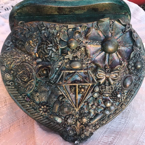 Heart Altered jewelry box very unique hand crafted with assemblage household items and resurfaced