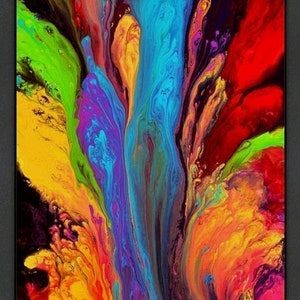 May include: Abstract painting with vibrant colors, including yellow, red, blue, green, and purple. The colors swirl and blend together in a dynamic composition.