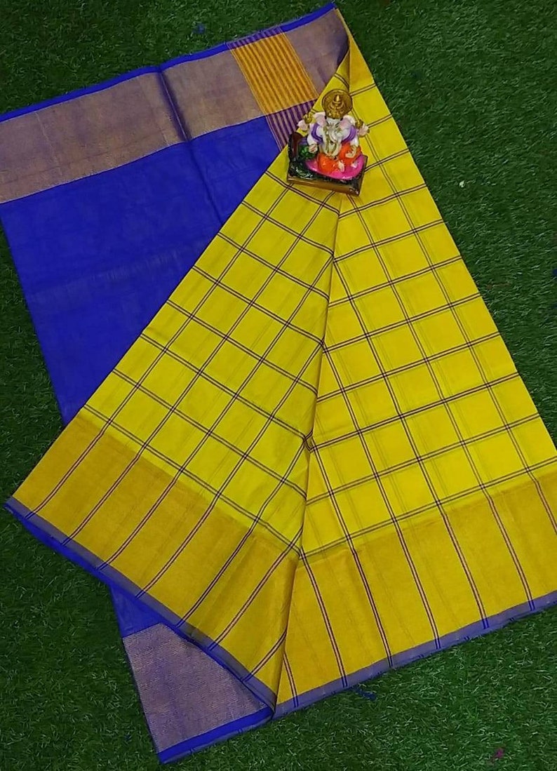 Yellow Uppada checks silk saree with bluePure handwoven | Etsy