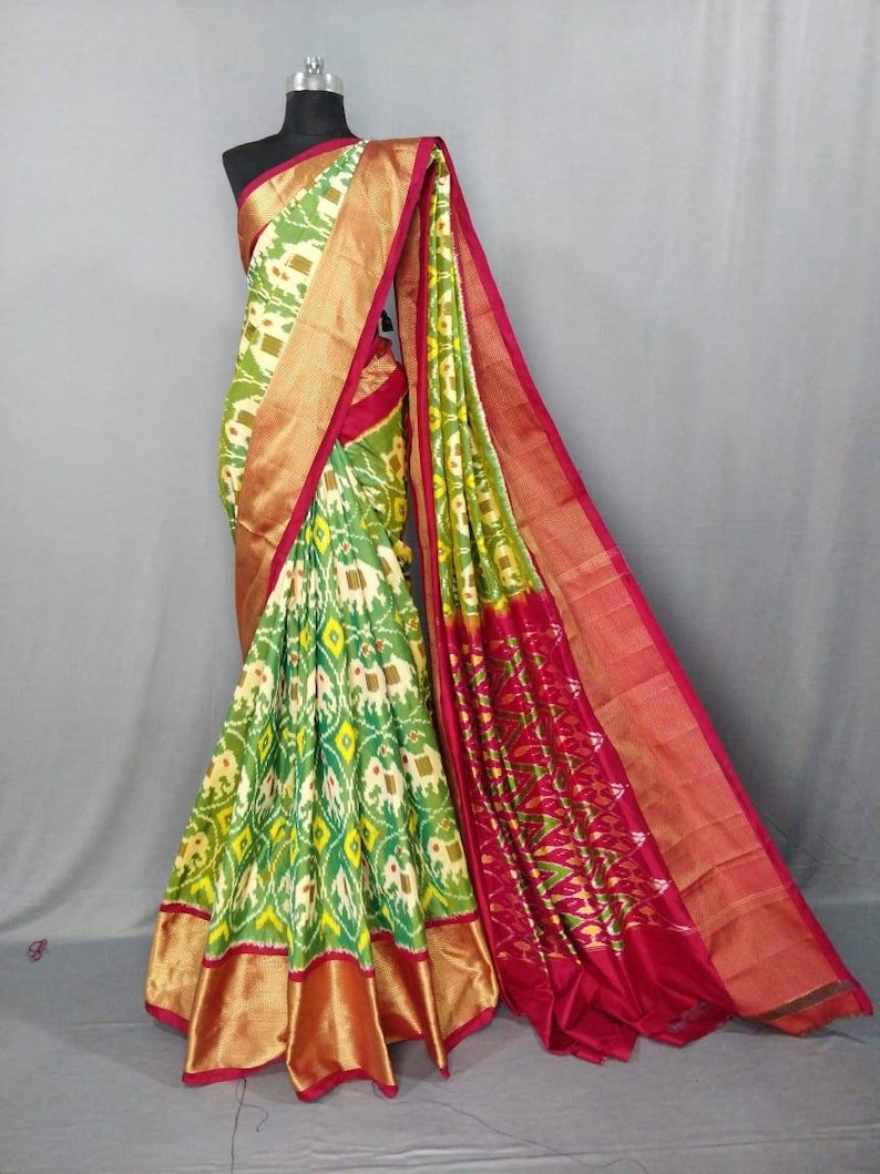 Pochampally ikkat green silk saree with redPure pochampally Etsy