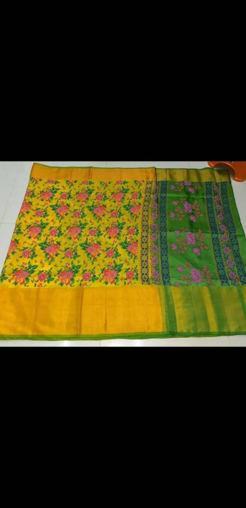 Uppada printed pure silk saree in yellow and green with wide zari border,handwoven uppada jamdani saree,uppada silk saree with floral print