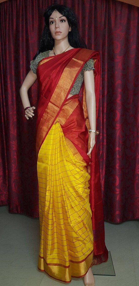Uppada Yellow With Red Half And Half Handwoven Checks Silk Etsy Uppada Yellow With Red Half And Half Handwoven Checks Silk Etsy