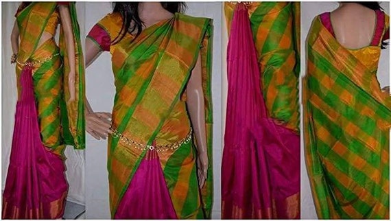 Uppada Pure Half And Half Silk Saree In Pink With Green And Etsy Uppada Pure Half And Half Silk Saree In Pink With Green And Etsy