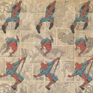 Könnte beinhalten: Ein sich wiederholendes Muster aus Vintage-Comic-Panels, die einen roten und blauen Superhelden, Spiderman, zeigen, der durch die Luft schwingt. Der Hintergrund ist eine vergilbte, gealterte Comic-Seite mit schwarzem Text und Illustrationen.