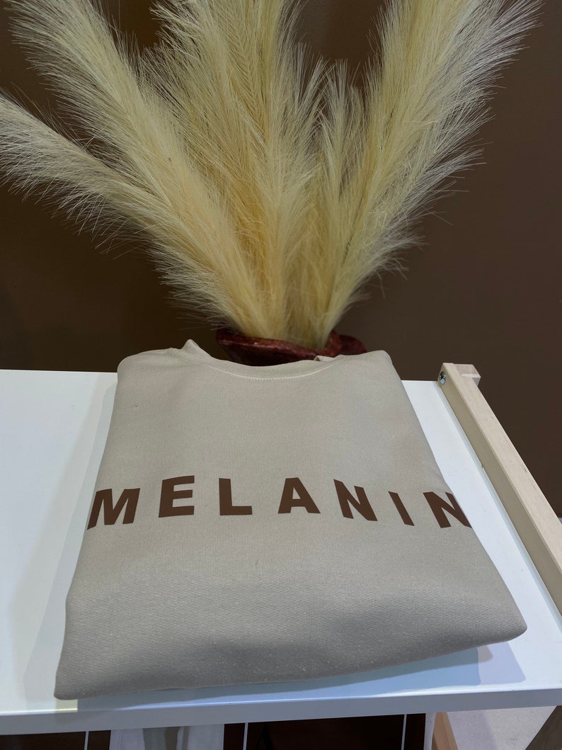 May include: A beige sweatshirt with the word "MELANIN" printed in brown block letters. The sweatshirt is folded neatly on a white surface, with a decorative arrangement of dried, feathery beige plants in the background.