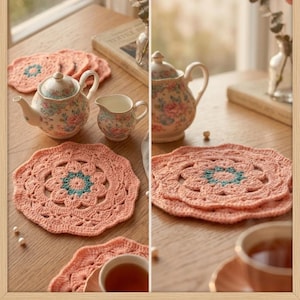 Könnte beinhalten: Ein Set aus runden, gehäkelten Untersetzern in einem sanften Pfirsichton mit einem zentralen, blauen Blumenmotiv. Die Untersetzer haben einen gewellten Rand und sind neben einer Teekanne aus Porzellan mit Blumenmuster abgebildet.