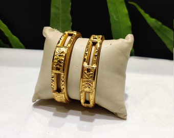 Gold plated bangles for women, Indian traditional golden bracelets, Wedding bangles/kada, Antique bridal fashion bracelets - Set of 2
