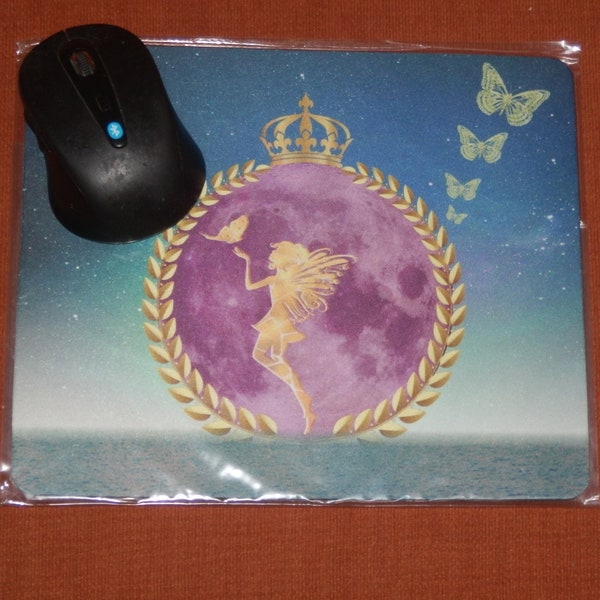 Mouse Pad With Golden Moon Fairy and butterflies above the Ocean