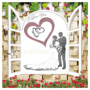 Silhouette de mariée et de marié, avec la forme de coeur et les bagues de fiançailles, avec le texte « Je t’aime ». Invitation de mariage, ou carte-cadeau.