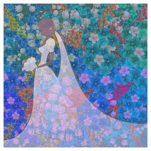Bride with bouquet silhouette, profile view, with colorful flowers background and long dress. Can be use as wedding invitation.