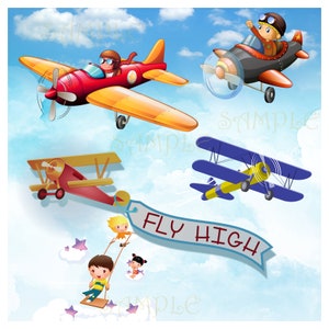 Divertente vecchi aerei con il segno 'Fly High' e bambini che giocano