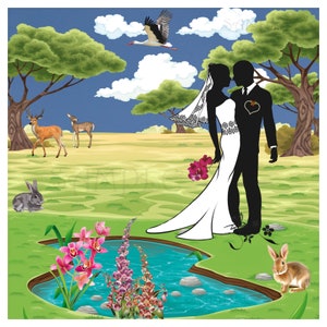 Bride and Groom silhouette next to a pond in a park with Deer and Rabbits. Can be used as Wedding invitation.