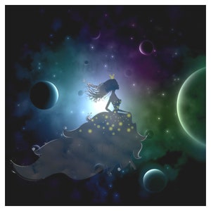 Eine Silhouette einer Dame in einem Kleid, vor einem sternenejischer Nachthimmel Hintergrund