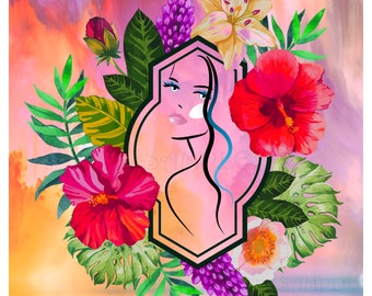 Female face, with colorful flowers and abstract background. Great for framing.
