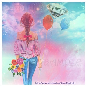 A girl from behind, holding flowers, balloons and diamond, with dreamy sky background