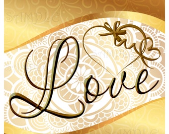 The word 'Love' inside a golden wave with soft flowers background and heart shape decoration.