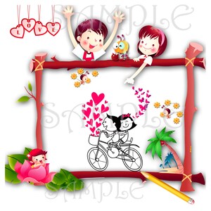 2 Kids on bicycle, with 2 other kids watching happily, heart shape and love decoration
