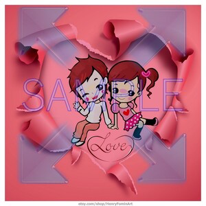Two young lovers inside a heart shape paper cut with the word &#39;Love&#39;