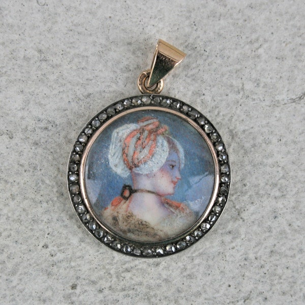 Pendentif portrait ancien en or et diamants - Médaillon 18ème siècle