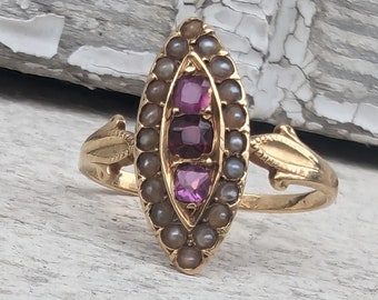 Bague marquise ancienne en or 18 carats, perles, et rubis - Bague marquise vintage