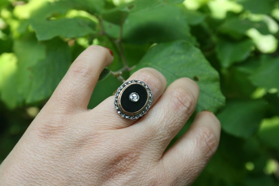 Antique ring in 18 carat gold, silver, onyx and d… - image 5