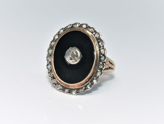 Antique ring in 18 carat gold, silver, onyx and d… - image 1