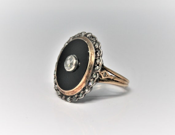 Antique ring in 18 carat gold, silver, onyx and d… - image 2