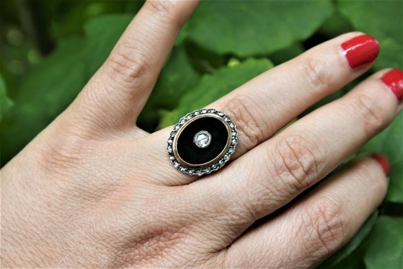 Antique ring in 18 carat gold, silver, onyx and d… - image 4