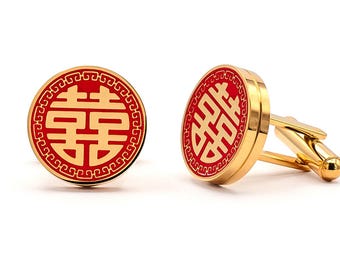 Gold Double Happiness Red Enamel Cufflinks | Round Chinese Wedding Groom Gift | Stainless Steel Asian Tea Ceremony Cuff links | 囍 Jewelry