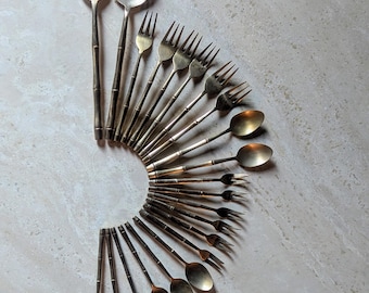 Juego de cubiertos de postre con diseño de bambú en bronce niquelado de Tailandia vintage