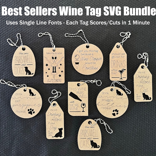 Best Sellers Wine Tag SVG File Bundle, Wine Tags Svg, Wine Tags Digital File, Single Line Font Wine Tags, Glowforge Svg Files, Laser Engrave