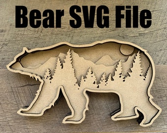 Bear SVG layered file, Laser Engrave svg, Bear Svg File, Laser SVG, Glowforge svg file, Laser Files, Bear Laser File, Bear Mountain Scene