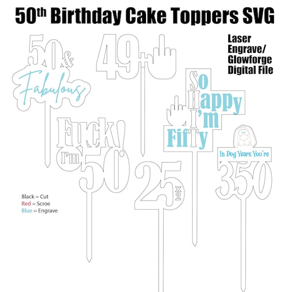 50th Birthday Cake Topper svg File, Birthday Cake Topper Digital File, Glowforge svg File, 50th Birthday Svg, 50th Birthday File