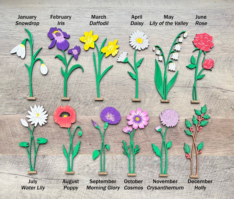 May include: Twelve wooden flower cutouts representing each month of the year. Each cutout features a different flower and its name. The flowers are painted in various colours, including red, yellow, purple, white, and green. The cutouts are arranged in two rows on a wooden surface.