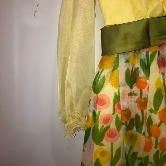 Vintage 70s Bright Floral Chiffon Yellow Tuxedo F… - image 4