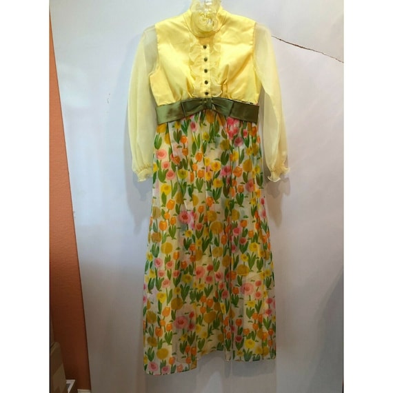 Vintage 70s Bright Floral Chiffon Yellow Tuxedo F… - image 1