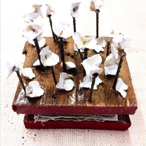 Può includere: Una base in legno con uno strato superiore dipinto di rosso, sormontato da un secondo strato di legno. Fiori di ceramica bianca sono fissati allo strato superiore con chiodi.