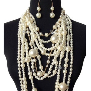 Faux Pearls Multi-layered chunky statement necklace earrings set