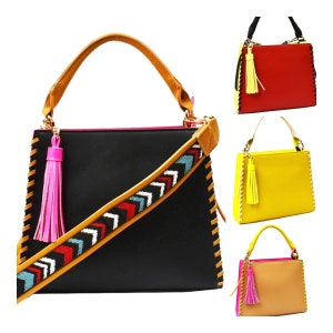 Luxspecialty Trapezoid Shape Bold Stitch Handle Satchel Bag