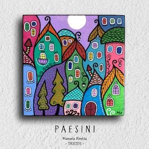 Elf Village - 12 x 12 cm hand painted on wood