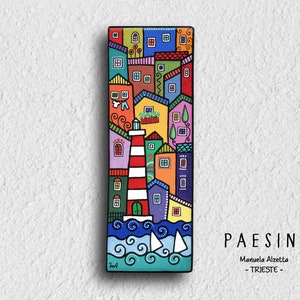 Village - cm 7.2 x 20.6 hand painted on wood