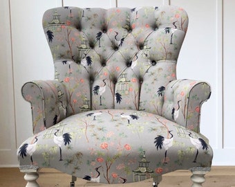 Armchair chair seat in a grey printed stork design on linen. Grey colour way also available.